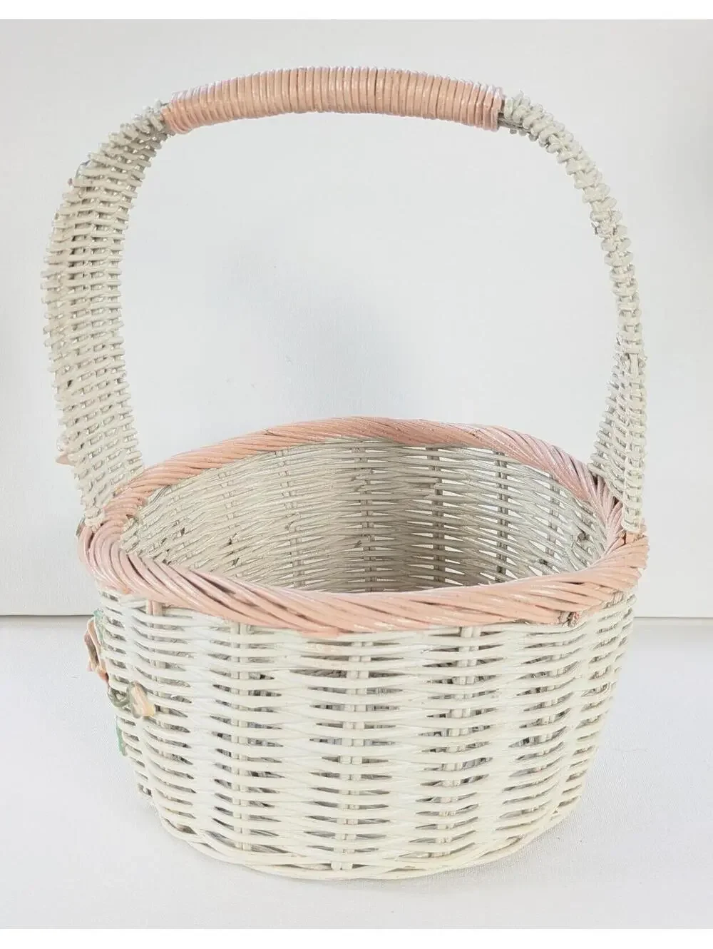 Vintage Cottage / Grandma Barbola Rose Gesso Painted Basket, White & Pink Wicker